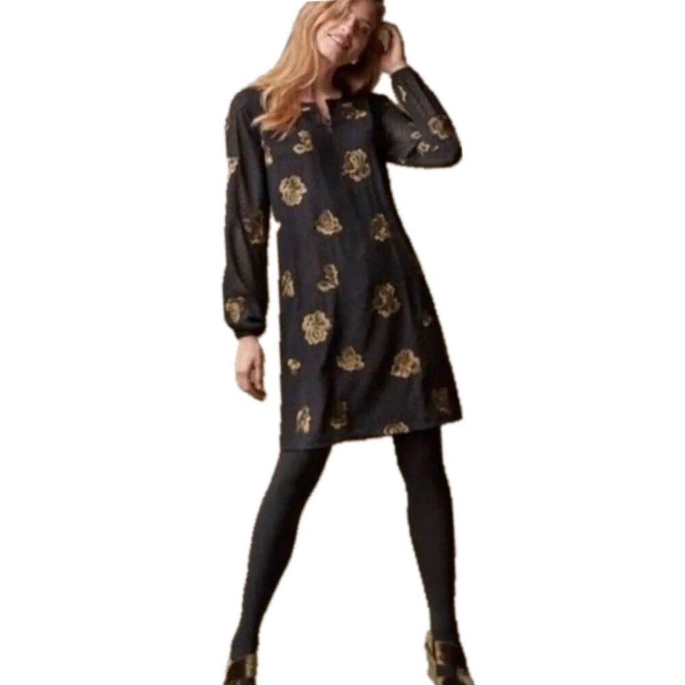Cabi 3697 Metallic Gold Floral Embroidered Swiss Dot Split Neck Occasion Dress L